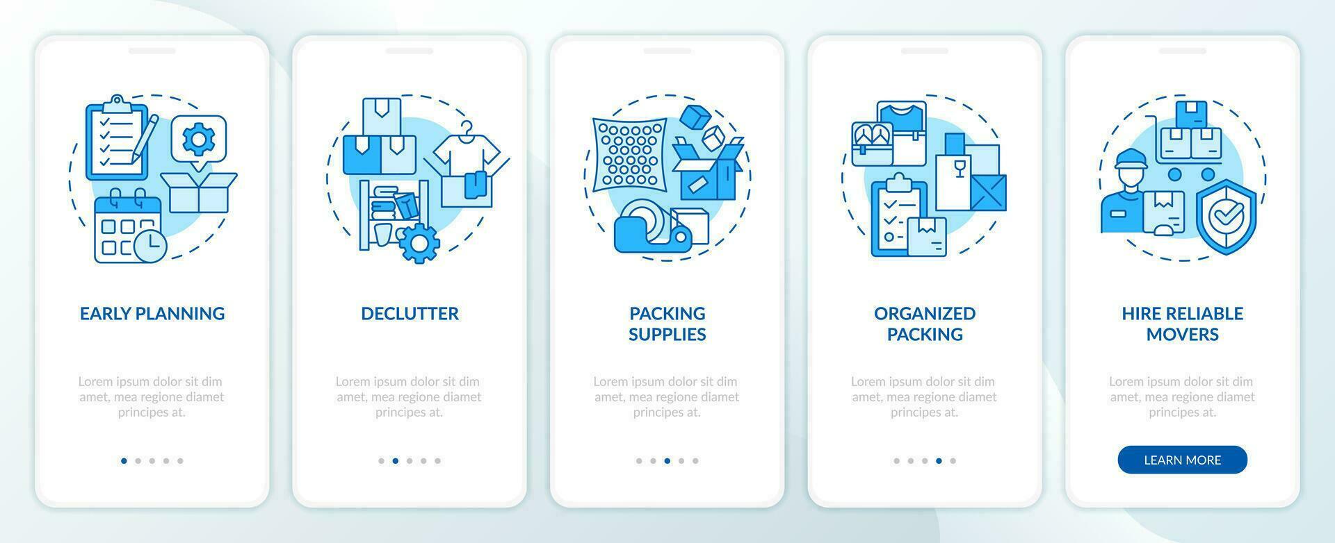 2D icons representing moving service mobile app screen set. Walkthrough 5 steps blue graphic instructions with line icons concept, UI, UX, GUI template. vector