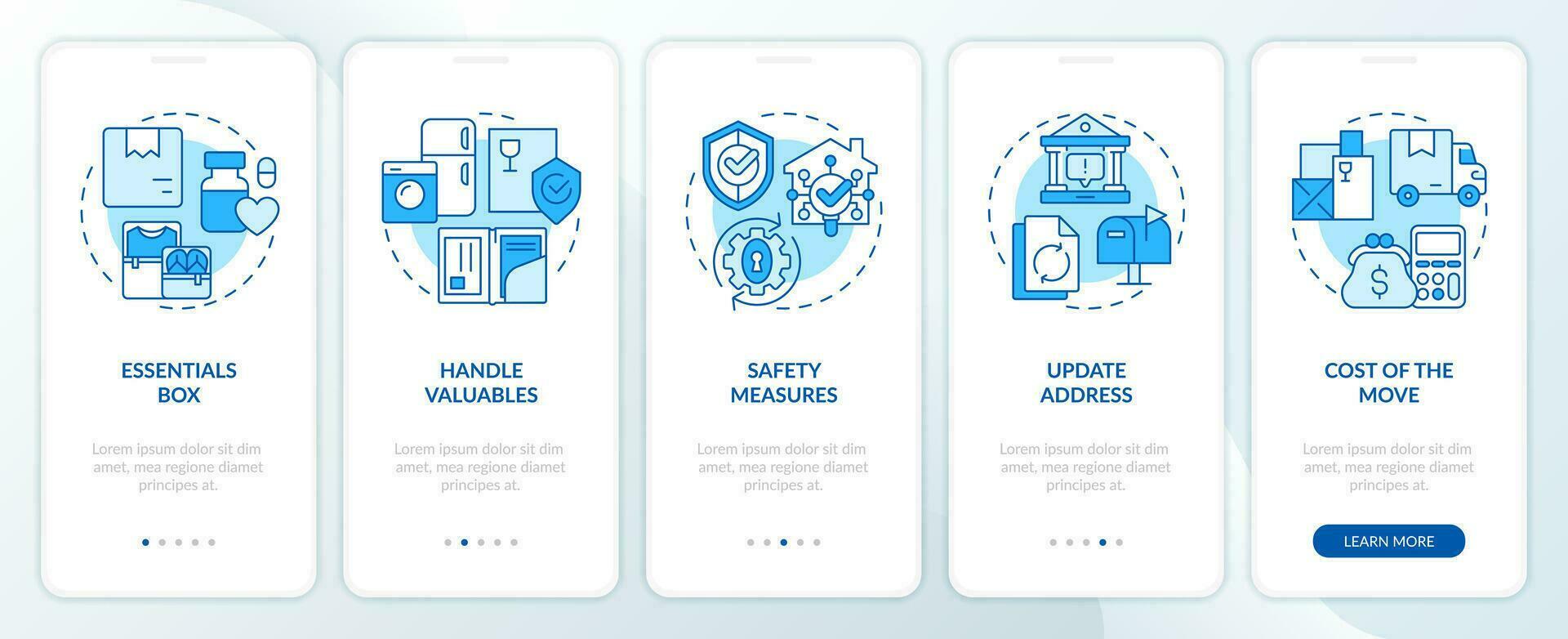 2D icons representing moving service mobile app screen set. Walkthrough 5 steps blue graphic instructions with thin line icons concept, UI, UX, GUI template. vector