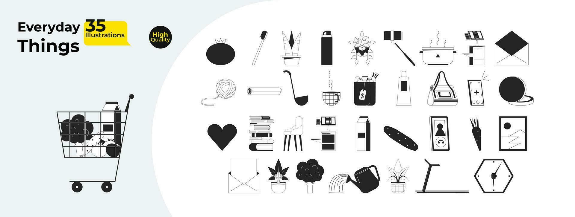 Domestic daily black and white 2D line cartoon objects bundle. Plants, cosmetics, veggies isolated vector outline items pack. Tools, accessories monochromatic flat spot illustration collection