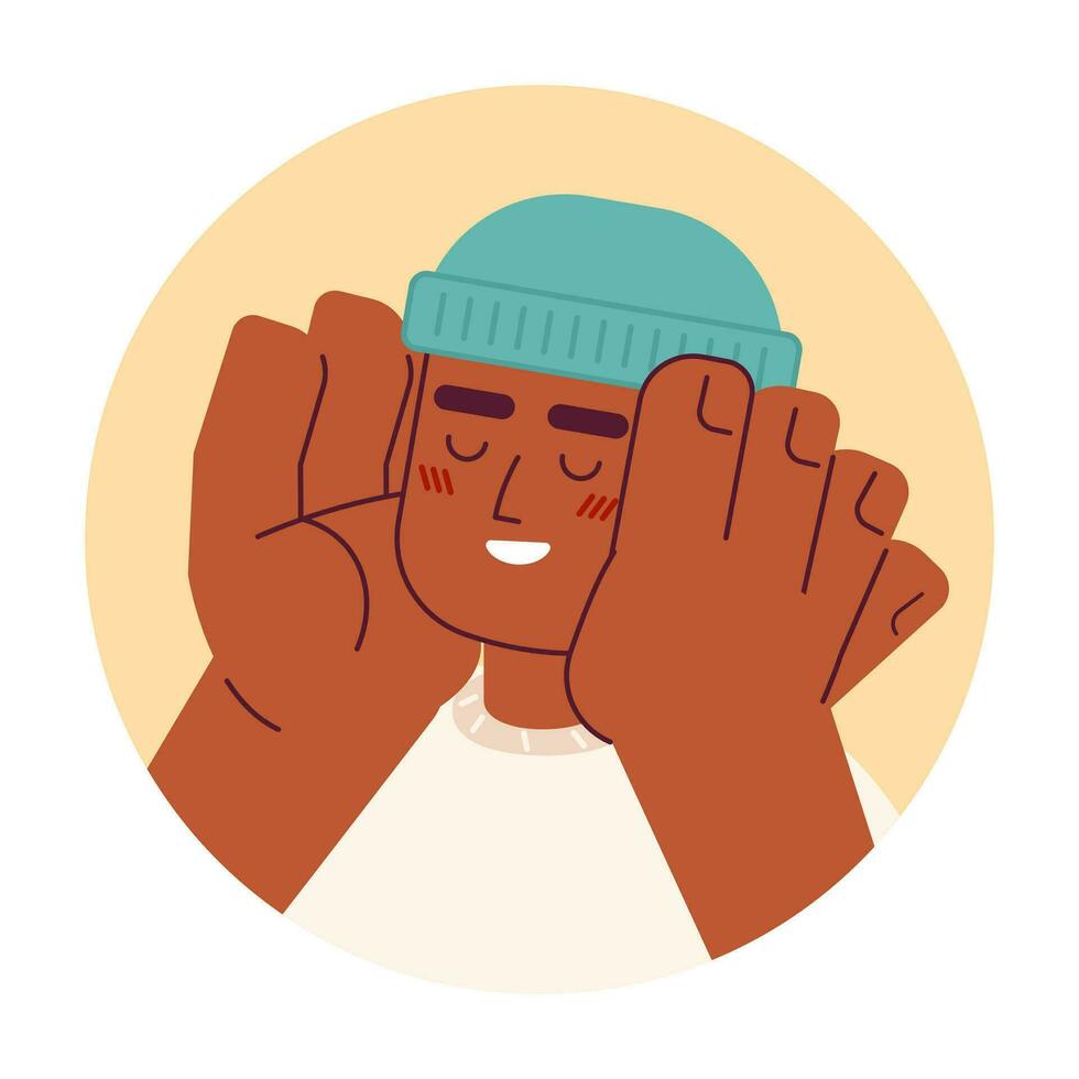 Brimless hat black man smiling hands on face 2D vector avatar illustration. Cute expression african guy cartoon character face portrait. Love yourself flat color user profile image isolated on white
