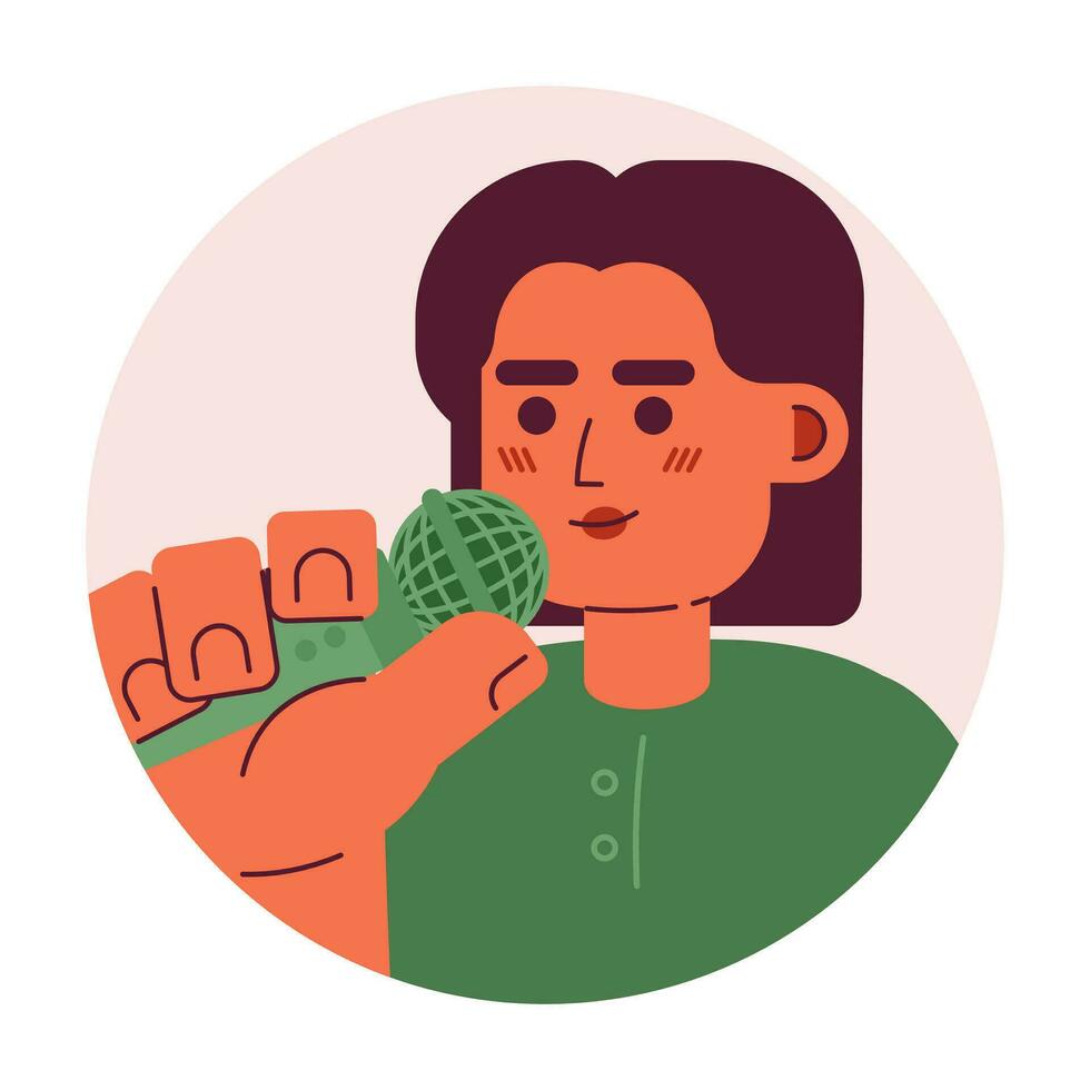 Professional latinamerican female speaker 2D vector avatar illustration. Office lady speaking into mic cartoon character face portrait. Mike announcer flat color user profile image isolated on white