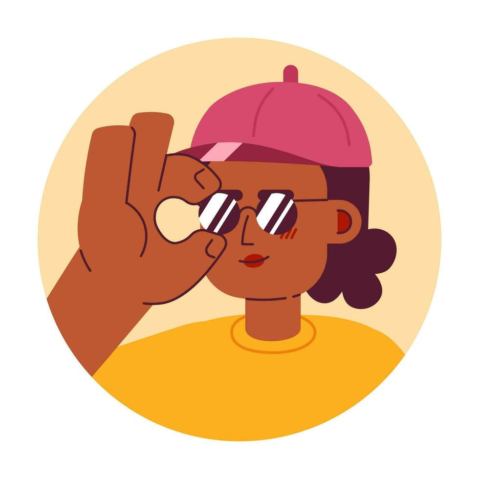 Baseball cap black woman wears sunglasses 2D vector avatar illustration. Trendy african american girl cartoon character face portrait. Express yourself flat color user profile image isolated on white