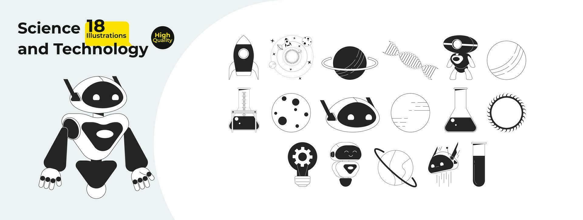 Science technology engineering black and white 2D line cartoon objects bundle. Rocket, spheres planets, lab equipment isolated vector outline items. Monochromatic flat spot illustration collection