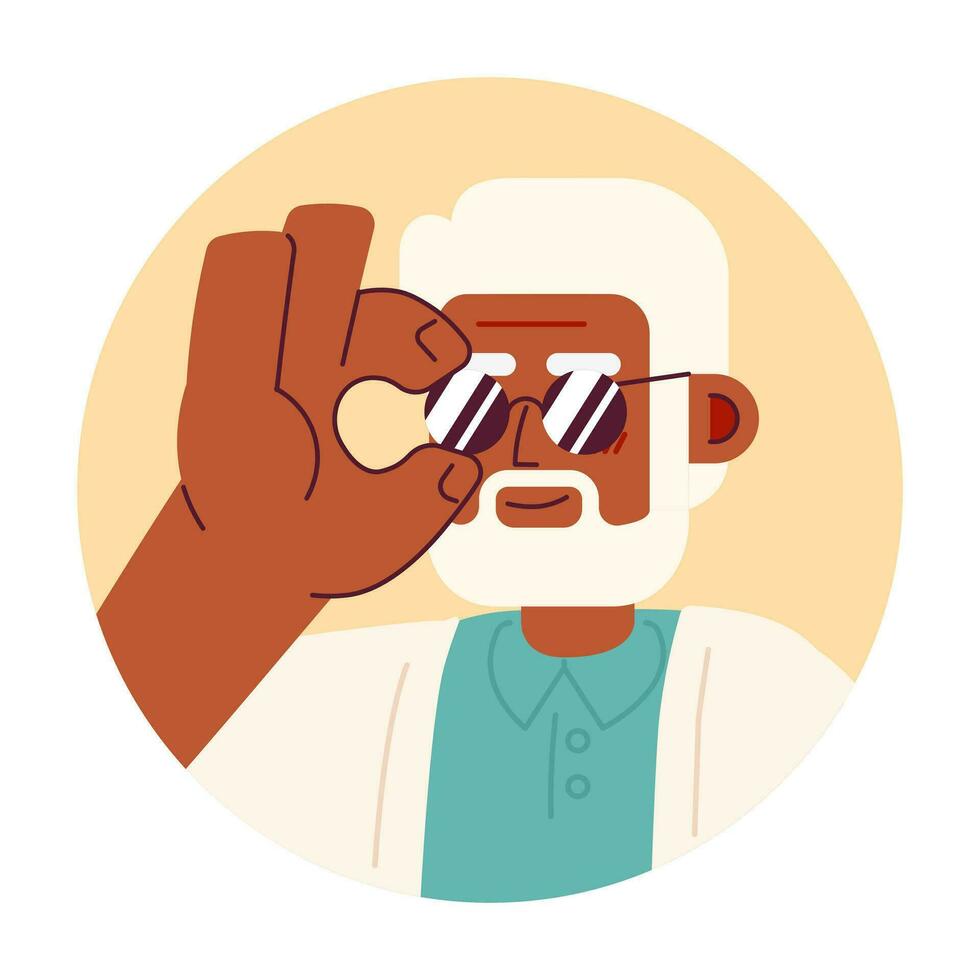 Elderly grey-haired black man adjusting sunglasses 2D vector avatar illustration. Stylish grandpa cartoon character face portrait. Fashion statement flat color user profile image isolated on white