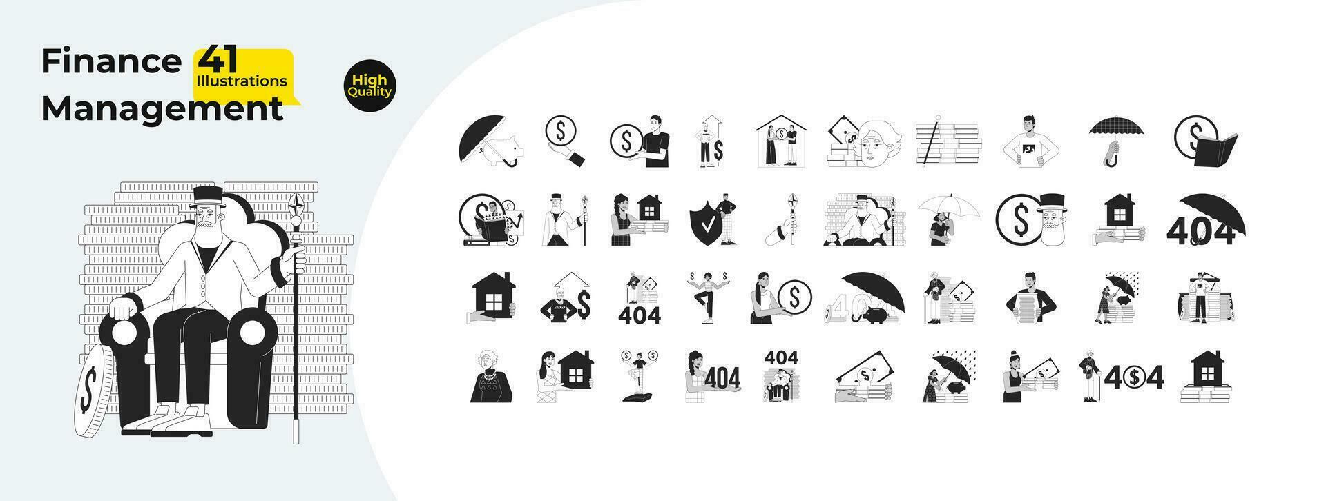 Finance management black and white 2D illustration concepts bundle. Money people diverse cartoon outline characters isolated on white. Mortgage home, piggy metaphor monochrome vector art collection