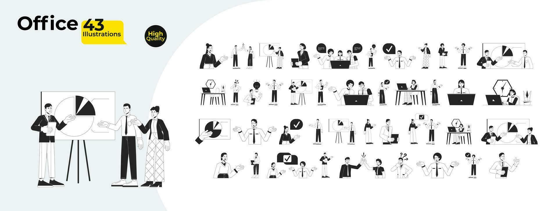 Multi-ethnic office workers black and white cartoon flat illustration bundle. Co-workers diverse adults 2D lineart characters isolated. Teamwork colleagues monochrome vector outline image collection