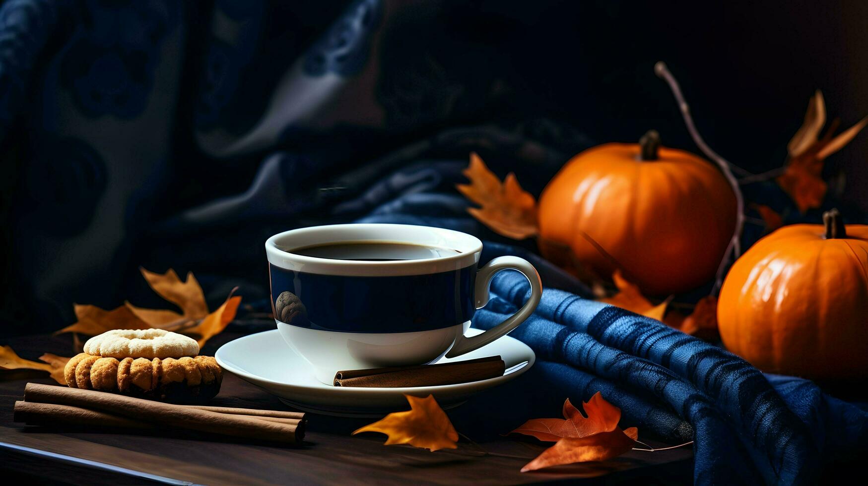 Pumpkin spice cup of tea stock photo, cozy teatime autumn drink, Generative AI photo