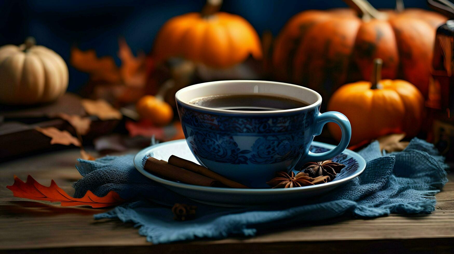 Pumpkin spice cup of tea stock photo, cozy teatime autumn drink, Generative AI photo
