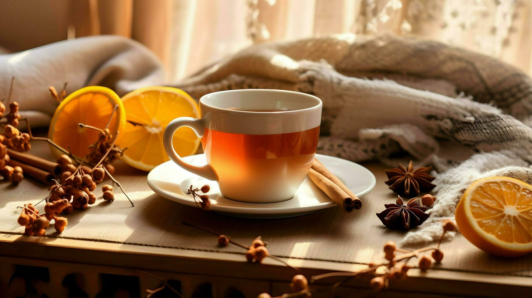 calabaza especia taza de té valores foto, acogedor la hora del té otoño beber, generativo ai foto