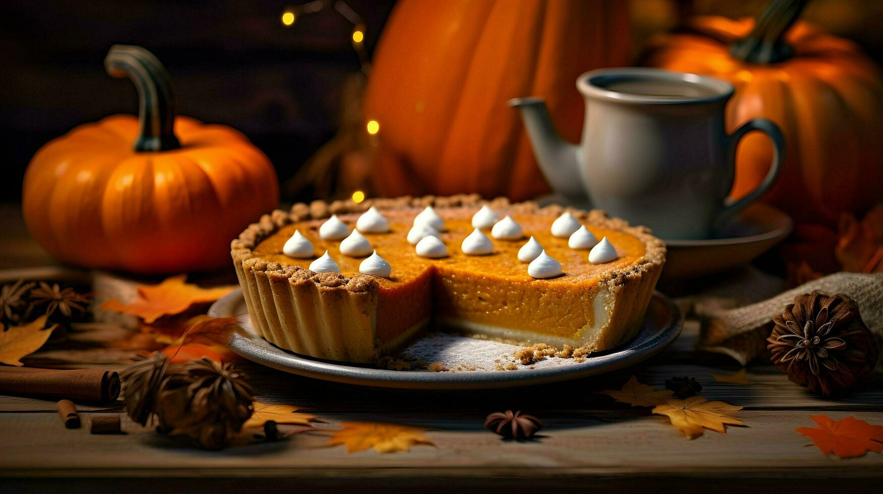 Pumpkin Pie background, coffee time, Generative AI photo