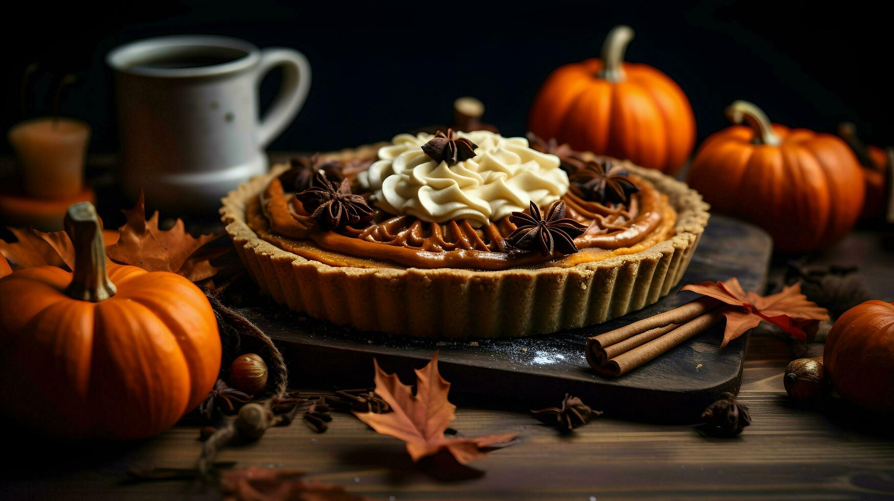 Pumpkin Pie background, coffee time, Generative AI photo