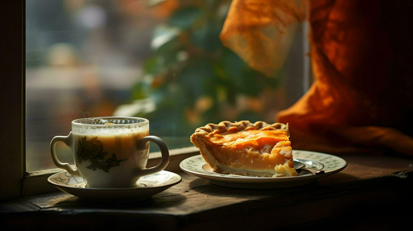 Pumpkin Pie background, coffee time, Generative AI photo