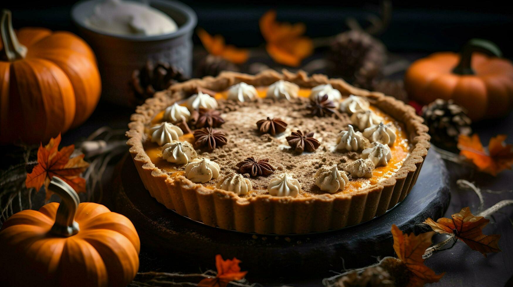 Pumpkin Pie background, coffee time, Generative AI photo