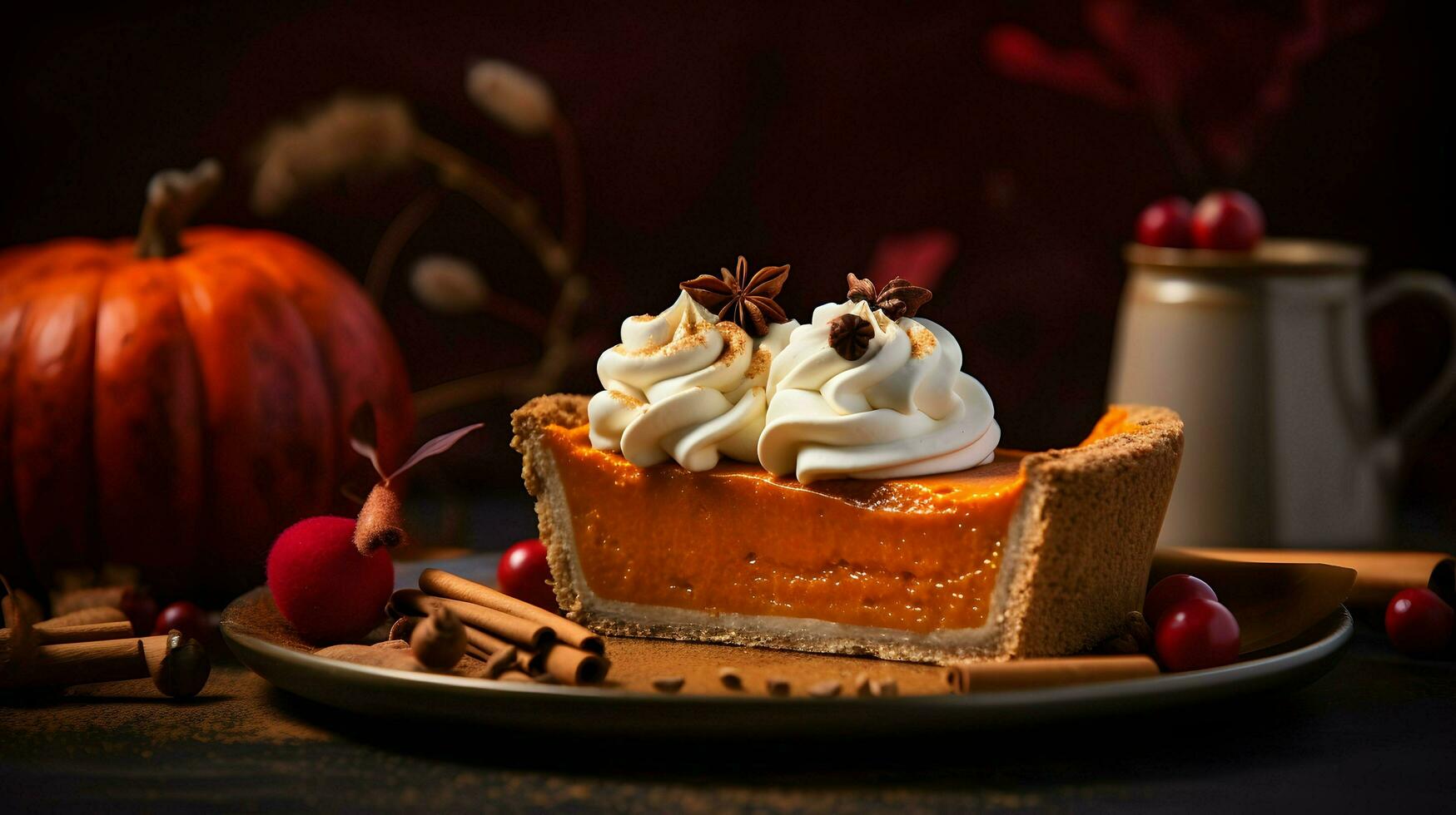 Pumpkin Pie background, coffee time, Generative AI photo