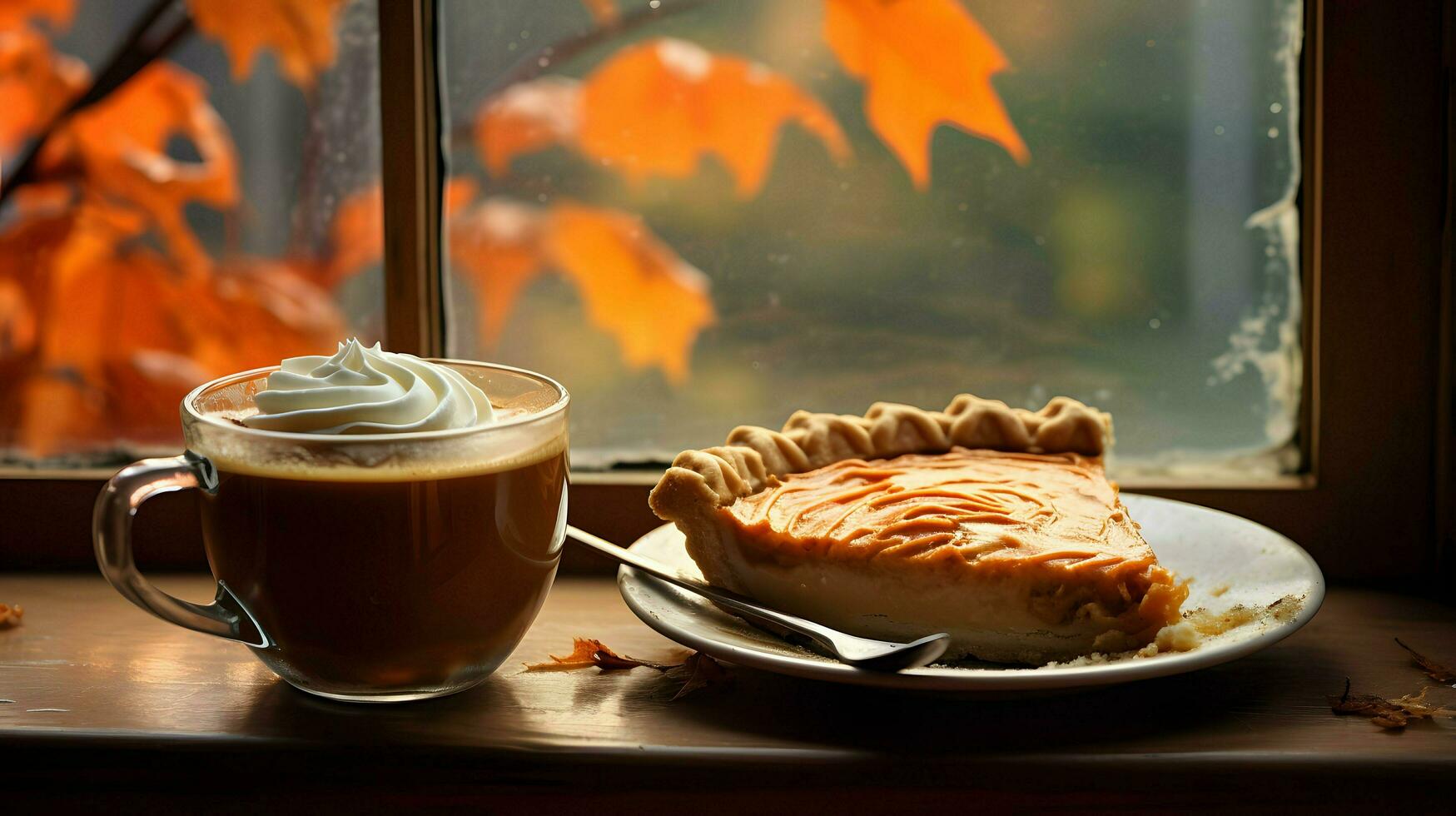 Pumpkin Pie background, coffee time, Generative AI photo