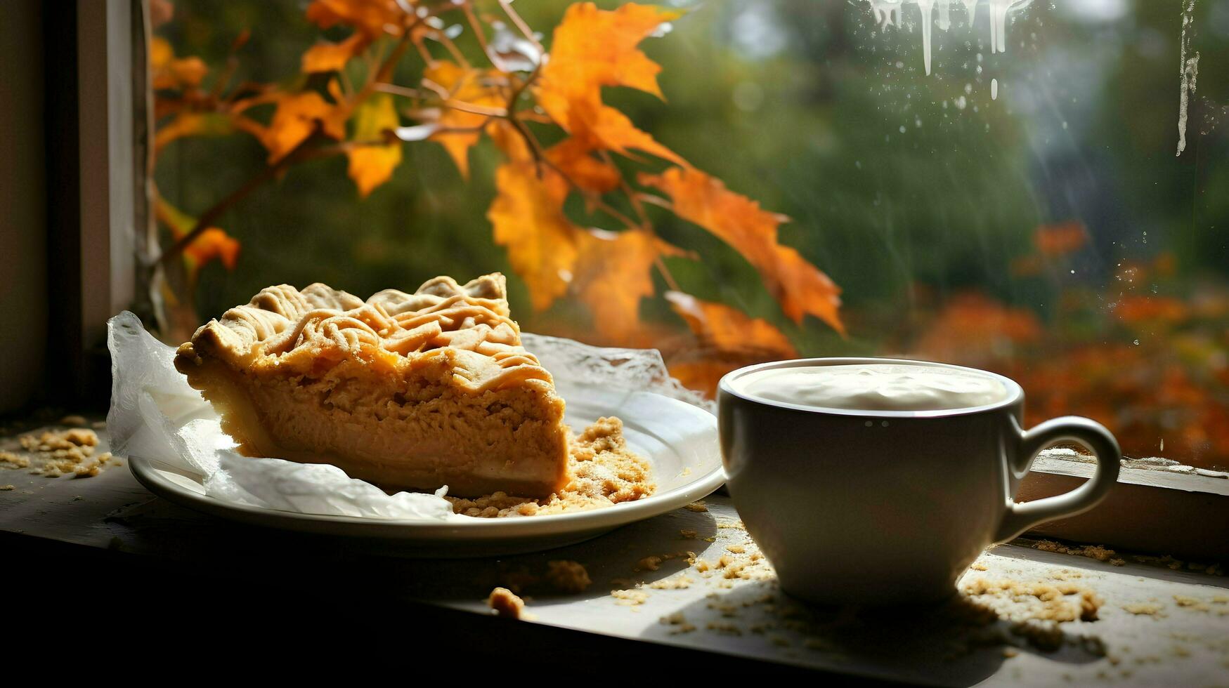 Pumpkin Pie background, coffee time, Generative AI photo