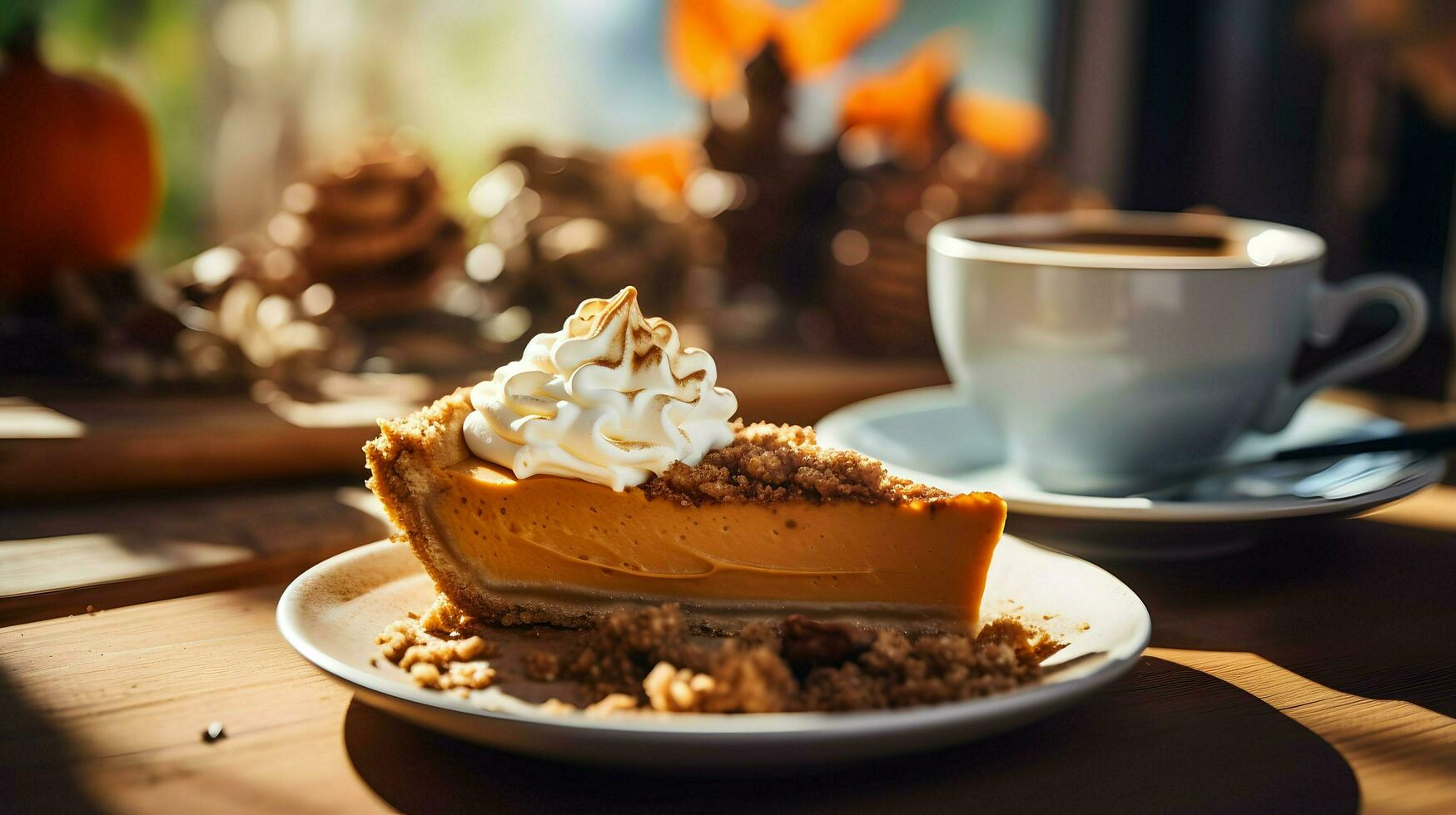 Pumpkin Pie background, coffee time, Generative AI photo