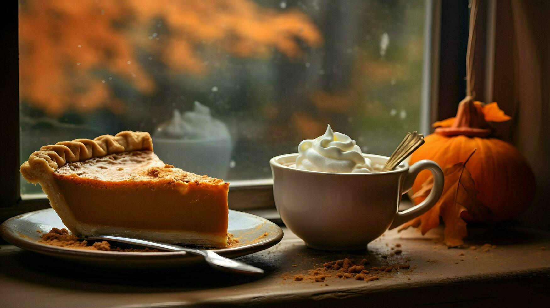 Pumpkin Pie background, coffee time, Generative AI photo