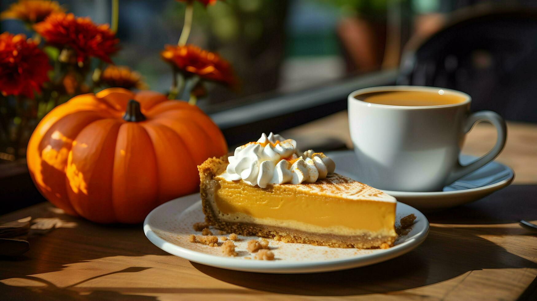 Pumpkin Pie background, coffee time, Generative AI photo