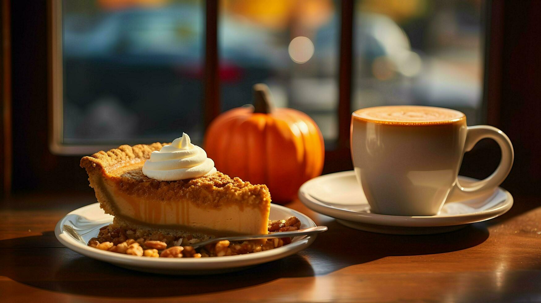 Pumpkin Pie background, coffee time, Generative AI photo