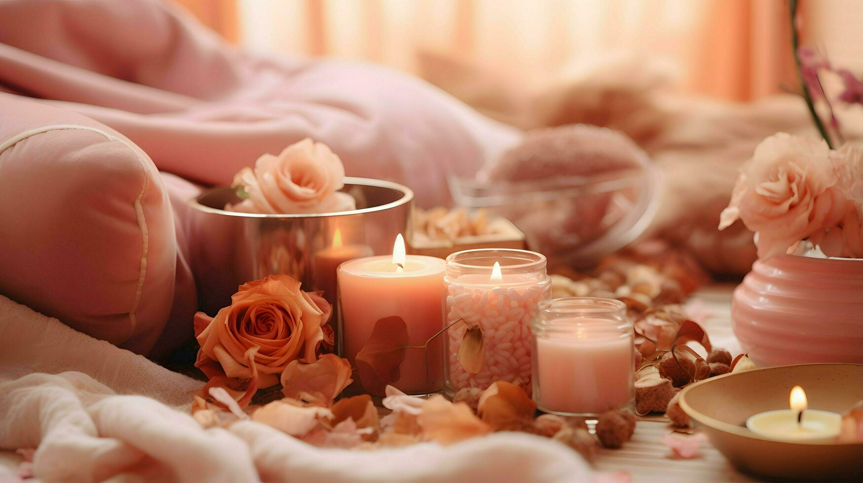 Pumpkin spice potpourri and candles, cozy background layout, Generative AI photo