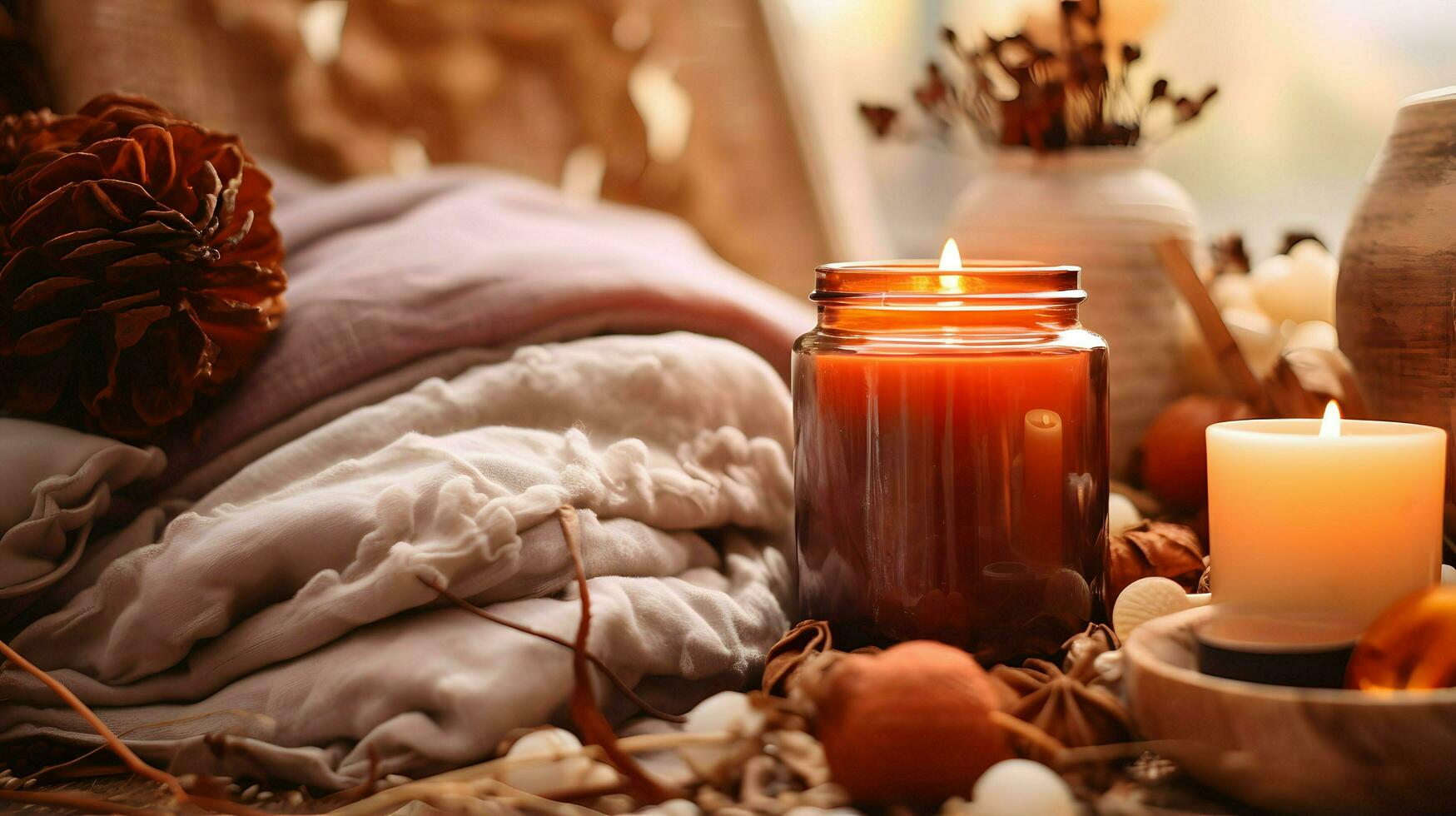 Pumpkin spice potpourri and candles, cozy background layout, Generative AI photo