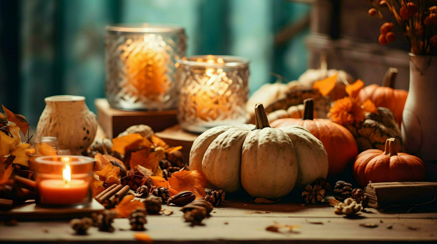 Pumpkin spice potpourri and candles, cozy background layout, Generative AI photo