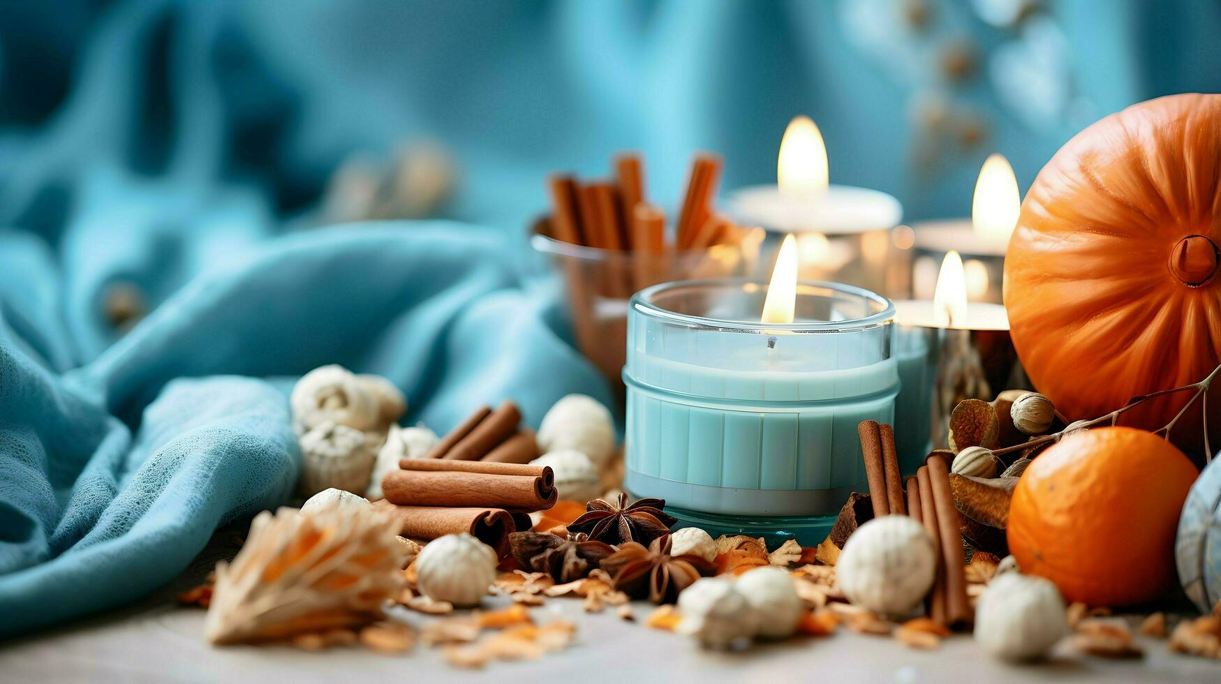 Pumpkin spice potpourri and candles, cozy background layout, Generative AI photo