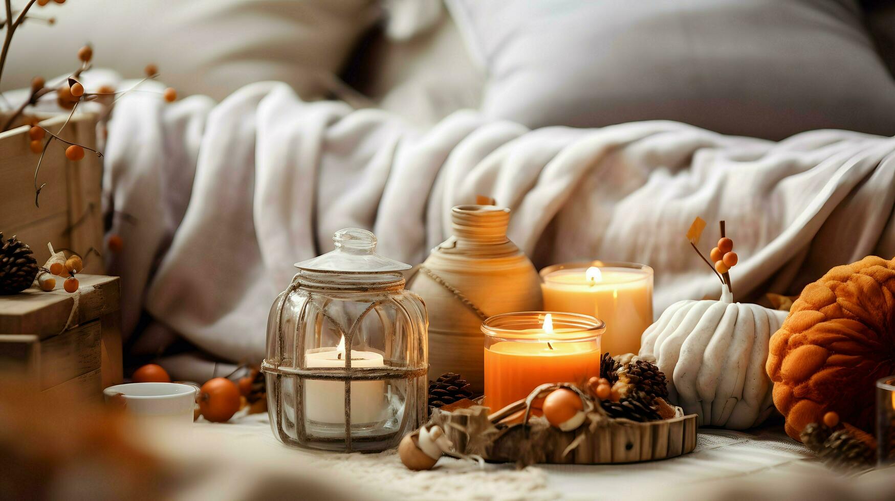 Pumpkin spice potpourri and candles, cozy background layout, Generative AI photo