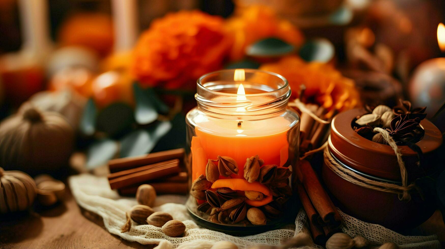 Pumpkin spice potpourri and candles, cozy background layout, Generative AI photo