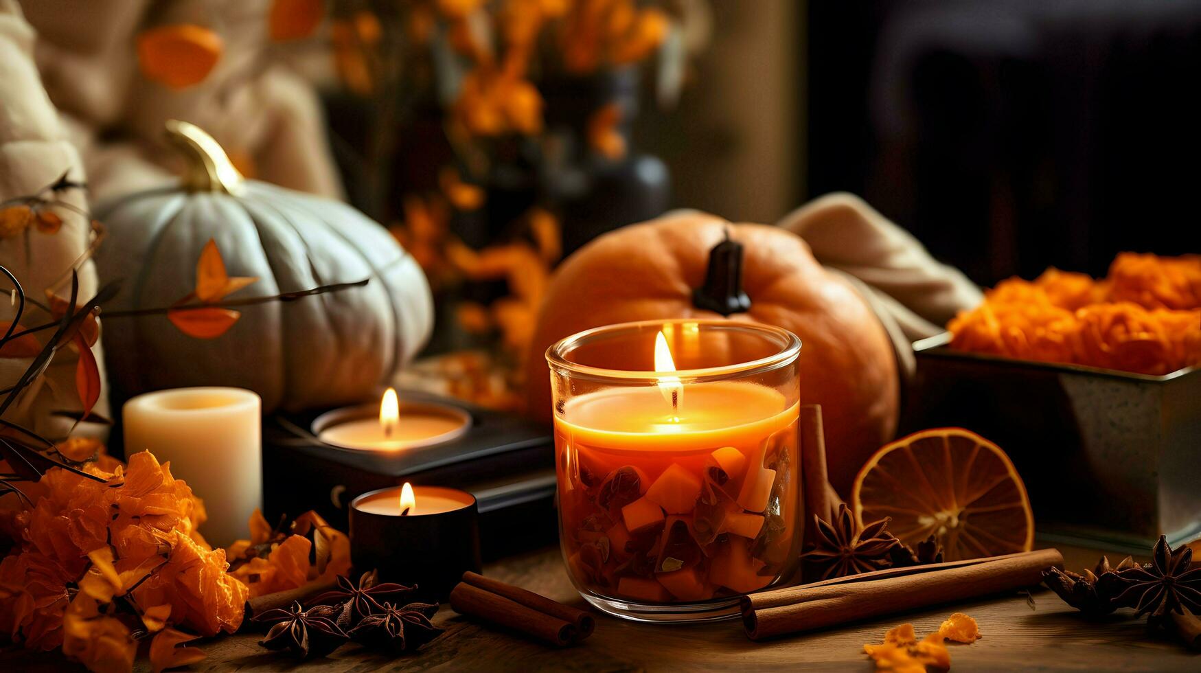 Pumpkin spice potpourri and candles, cozy background layout, Generative AI photo
