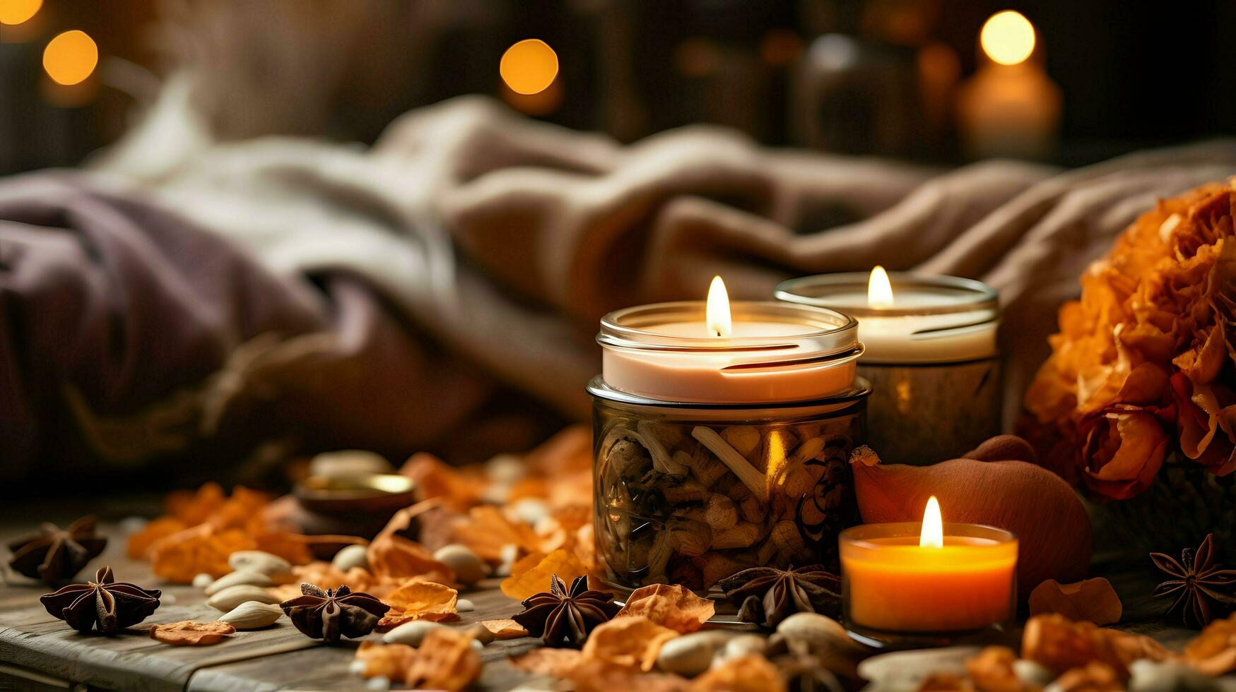 Pumpkin spice potpourri and candles, cozy background layout, Generative AI photo