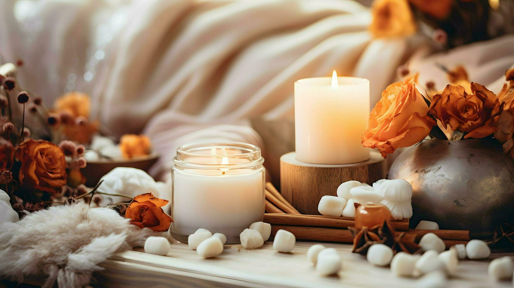 Pumpkin spice potpourri and candles, cozy background layout, Generative AI photo