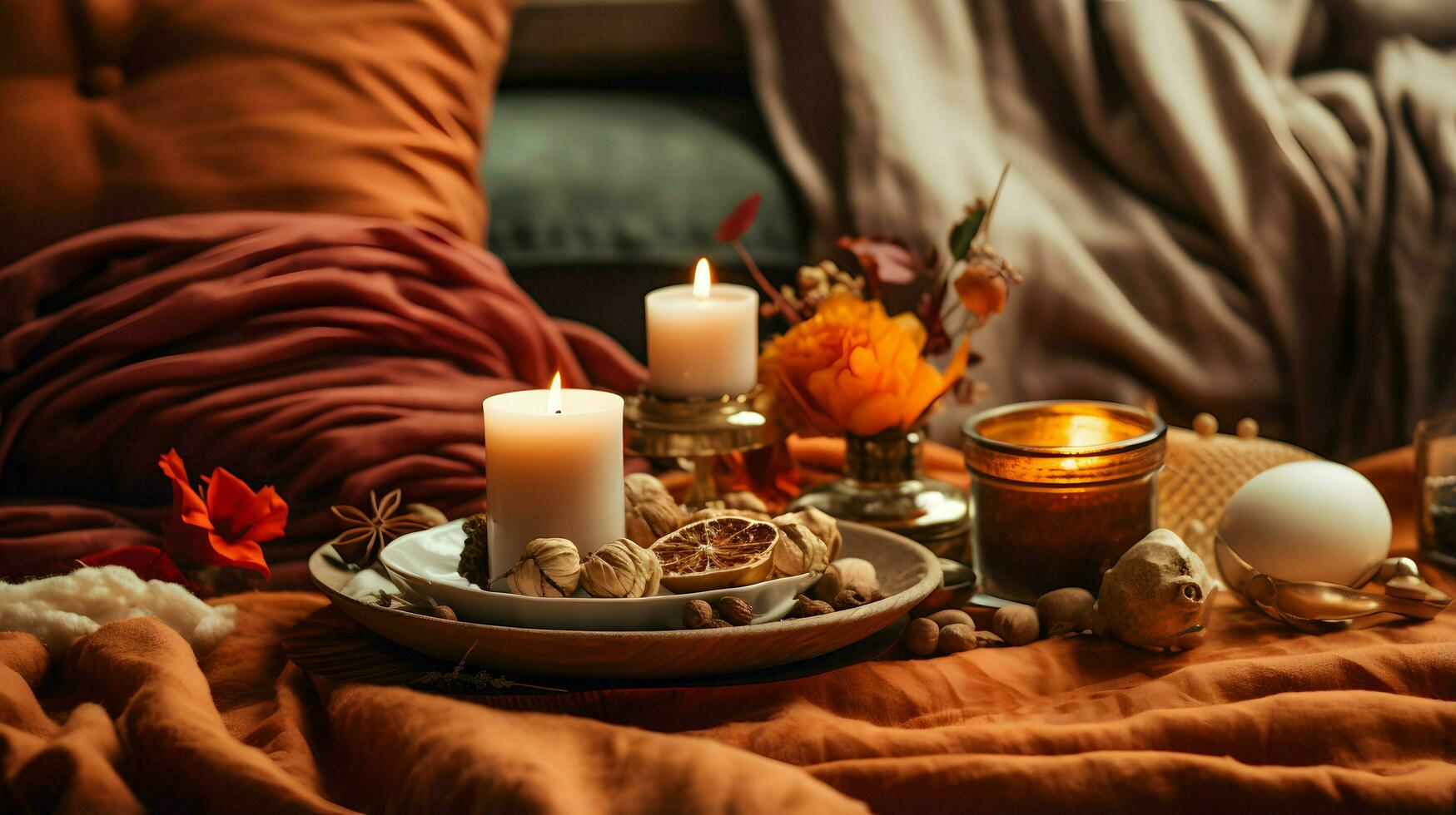 Pumpkin spice potpourri and candles, cozy background layout, Generative AI photo