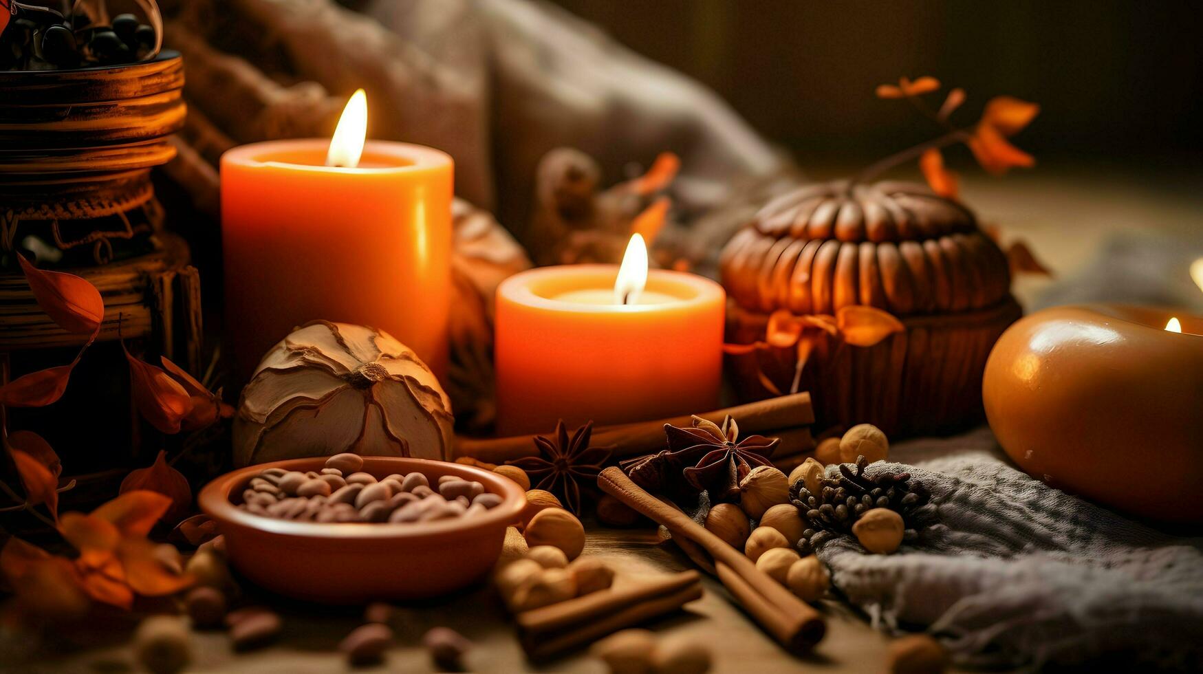 Pumpkin spice potpourri and candles, cozy background layout, Generative AI photo