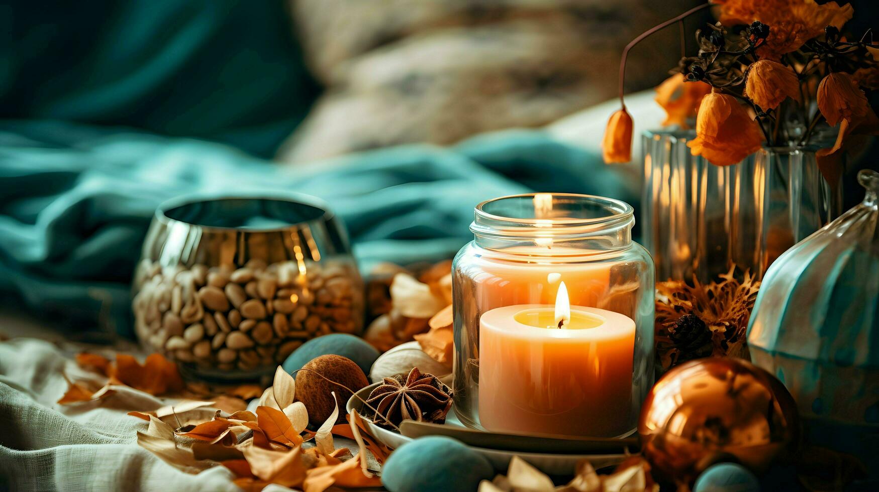 Pumpkin spice potpourri and candles, cozy background layout, Generative AI photo