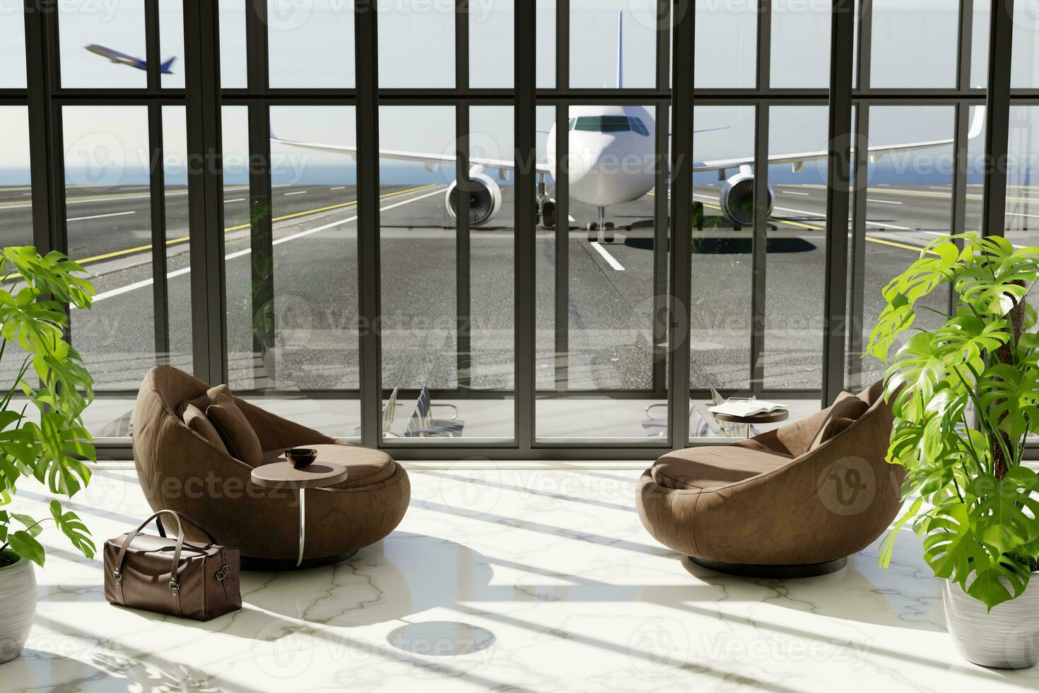 3D interior of airport, airplane in window, flight waiting area, concept of travel lounge area for business class photo
