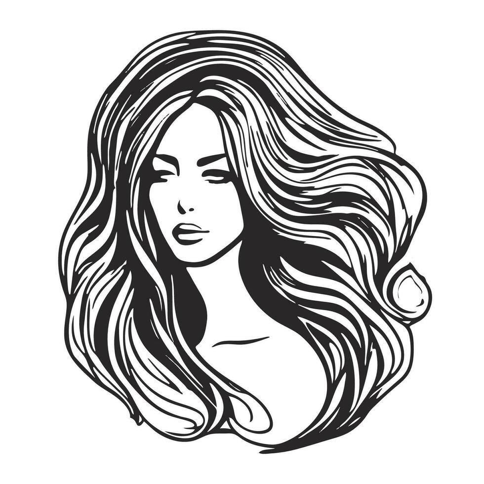 silueta de un mujer con largo fluido cabello, con aislado antecedentes. vector