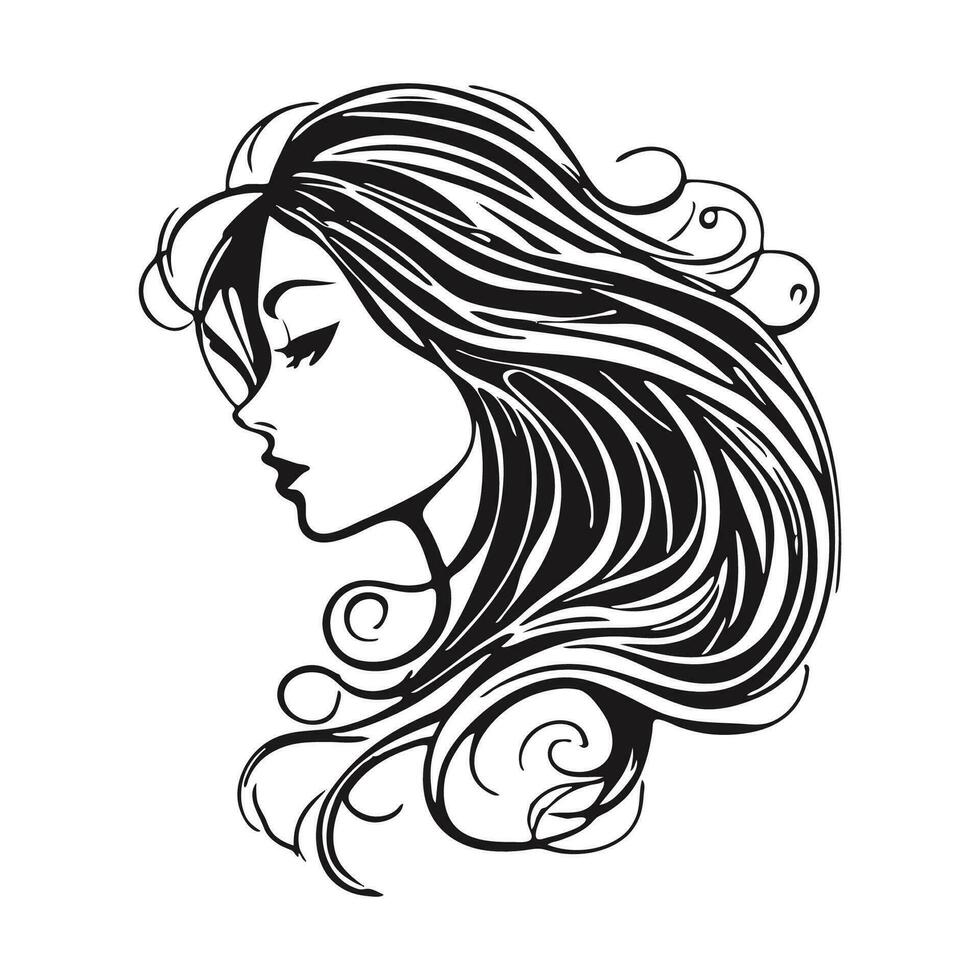 silueta de un mujer con largo fluido cabello, con aislado antecedentes. vector