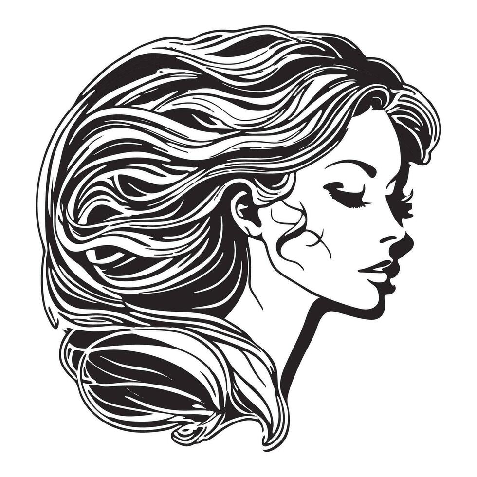 silueta de un mujer con largo fluido cabello, con aislado antecedentes. vector