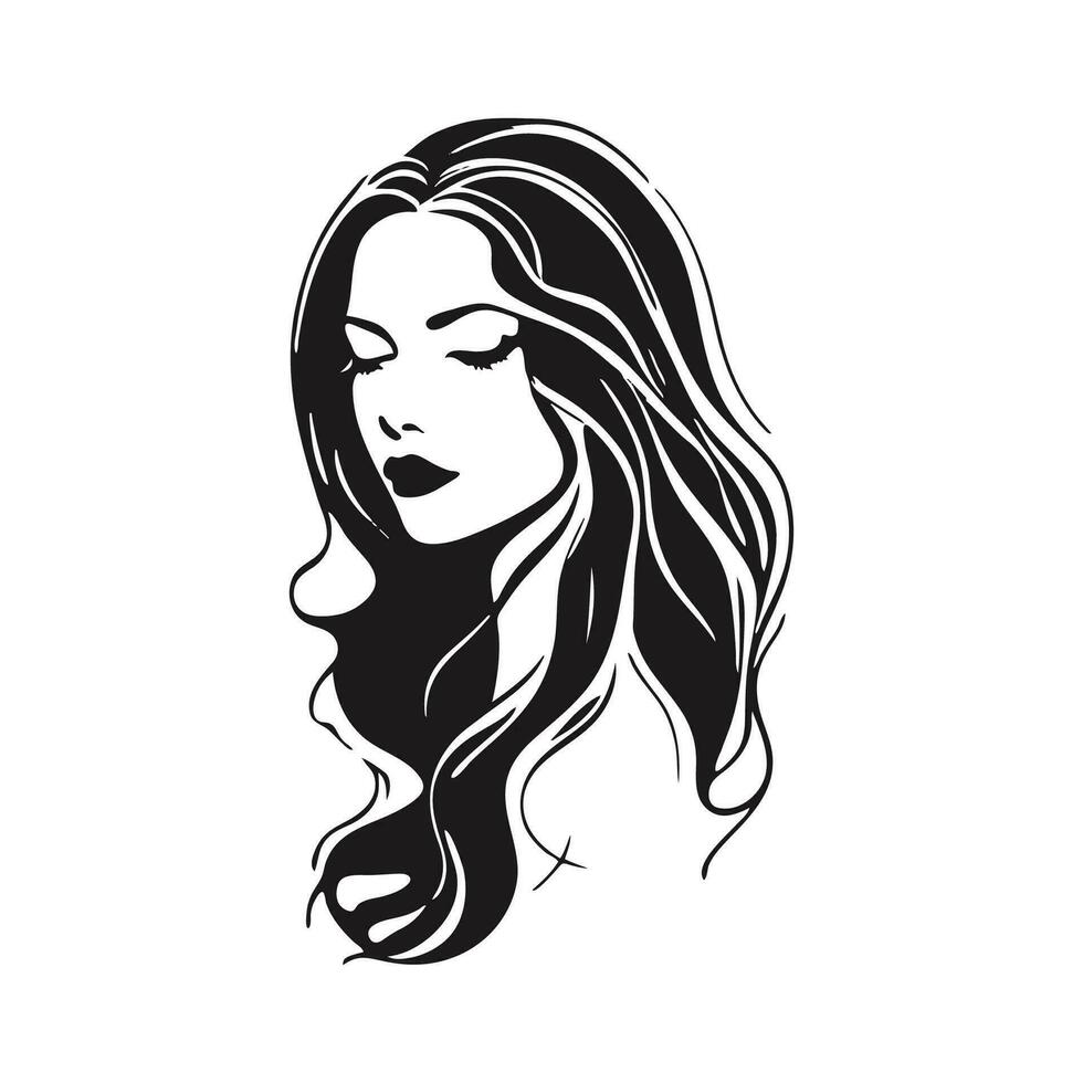 Silhouette of a woman with long flowing hair, with isolated background. vector