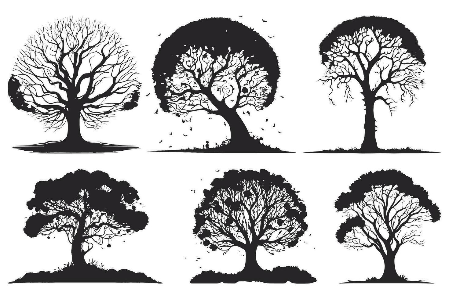 collection of big tree silhouettes in summer on isolated white background vector
