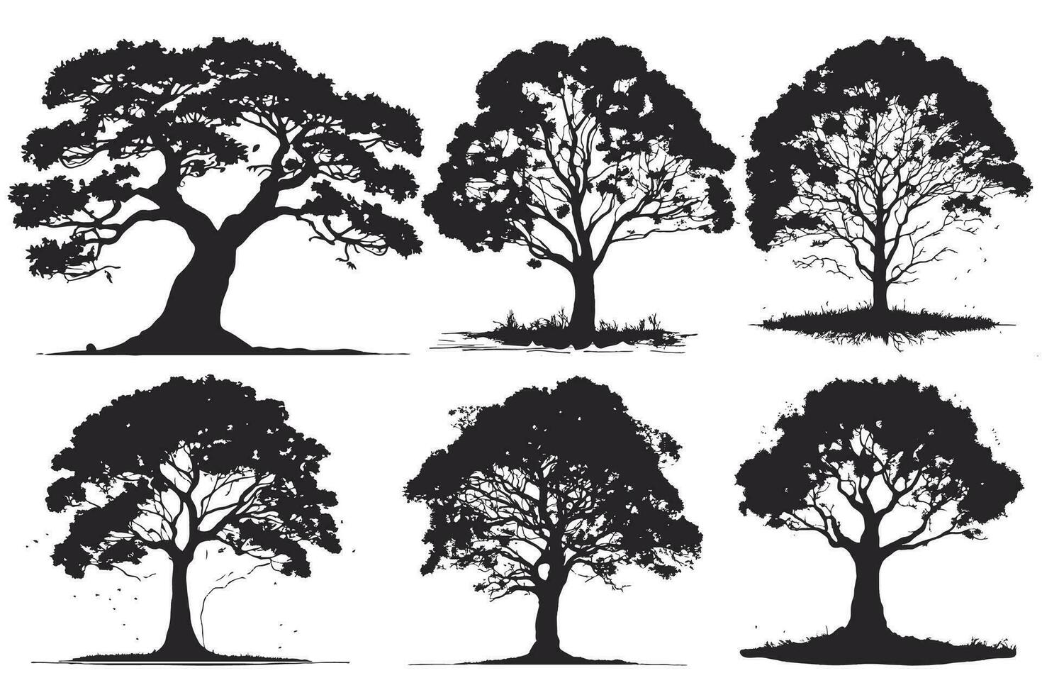 collection of big tree silhouettes in summer on isolated white background vector