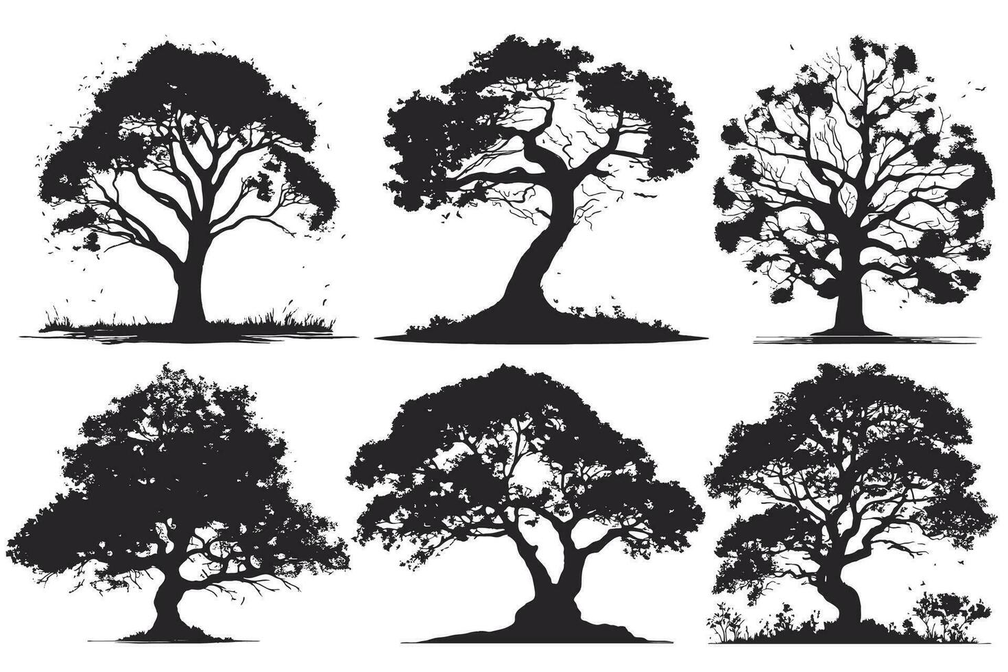 collection of big tree silhouettes in summer on isolated white background vector