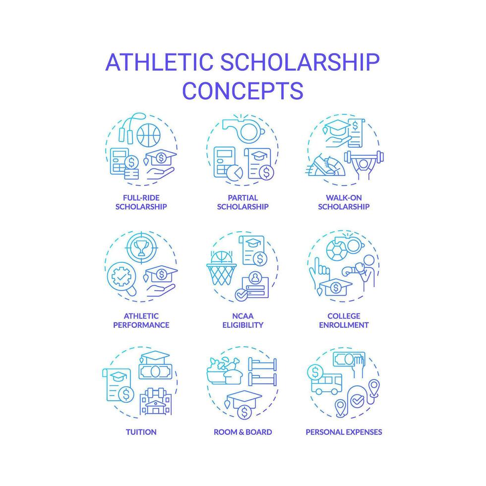 2D gradient icons set representing athletic scholarship concepts, isolated vector, thin line illustration. vector