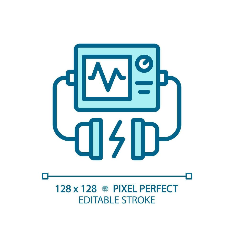 Defibrillator pixel perfect light blue icon. Life saving device. Emergency medical equipment. RGB color sign. Simple design. Web symbol. Contour line. Flat illustration. Isolated object vector