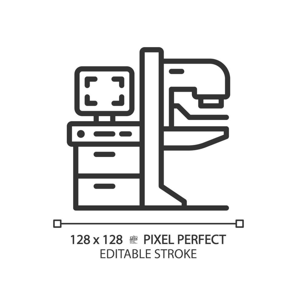 Mammography machine pixel perfect linear icon. Breast imaging. Cancer screening. Preventive medicine. X ray. Thin line illustration. Contour symbol. Vector outline drawing. Editable stroke