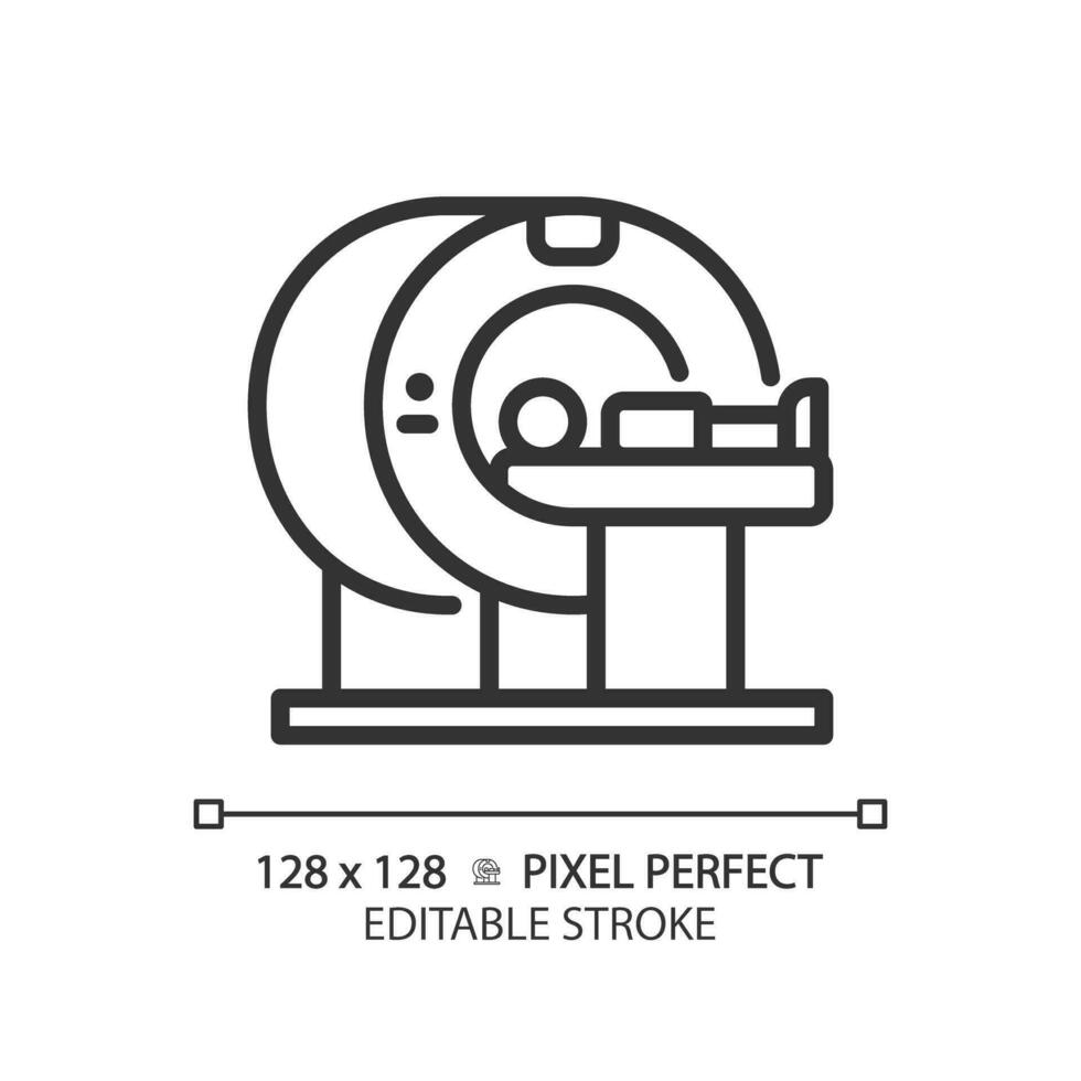 Mri machine pixel perfect linear icon. Computed tomography. Medical scanner. Healthcare technology. Modern equipment. Thin line illustration. Contour symbol. Vector outline drawing. Editable stroke