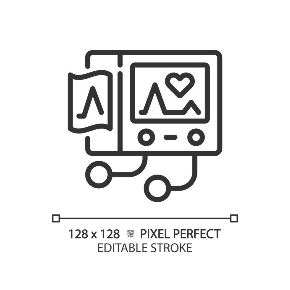 Ecg machine pixel perfect linear icon. Cardiac monitoring. Heart rate. Health check up. Diagnostic testing. Thin line illustration. Contour symbol. Vector outline drawing. Editable stroke