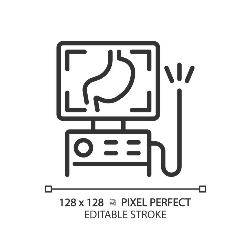 Endoscope pixel perfect linear icon. Medical tool. Flexible tube. Health diagnosis. Gastrointestinal system. Thin line illustration. Contour symbol. Vector outline drawing. Editable stroke